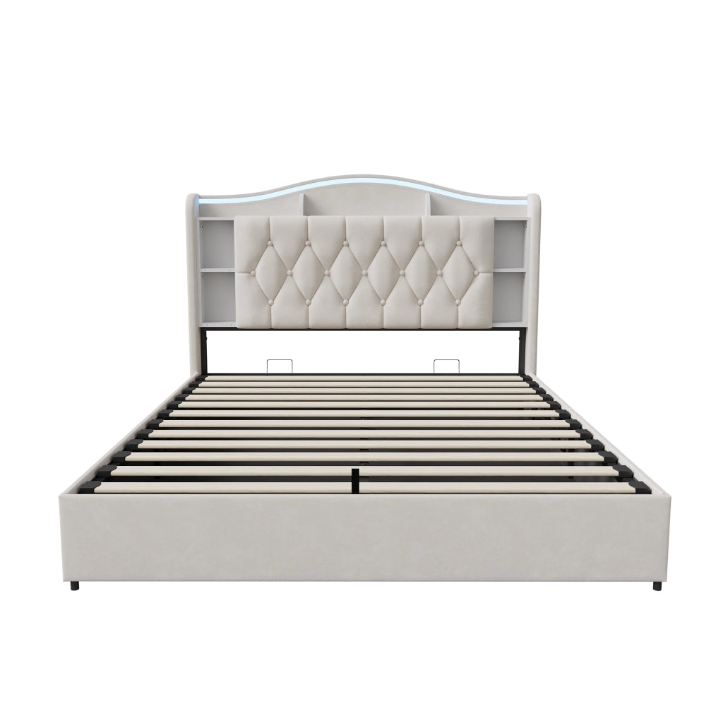 Letto a molle a sollevamento idraulico, testiera velluto beige, con luci LED RGB, stazioni di ricarica USB e wireless, scomparti porta oggetti, 140x200 cm