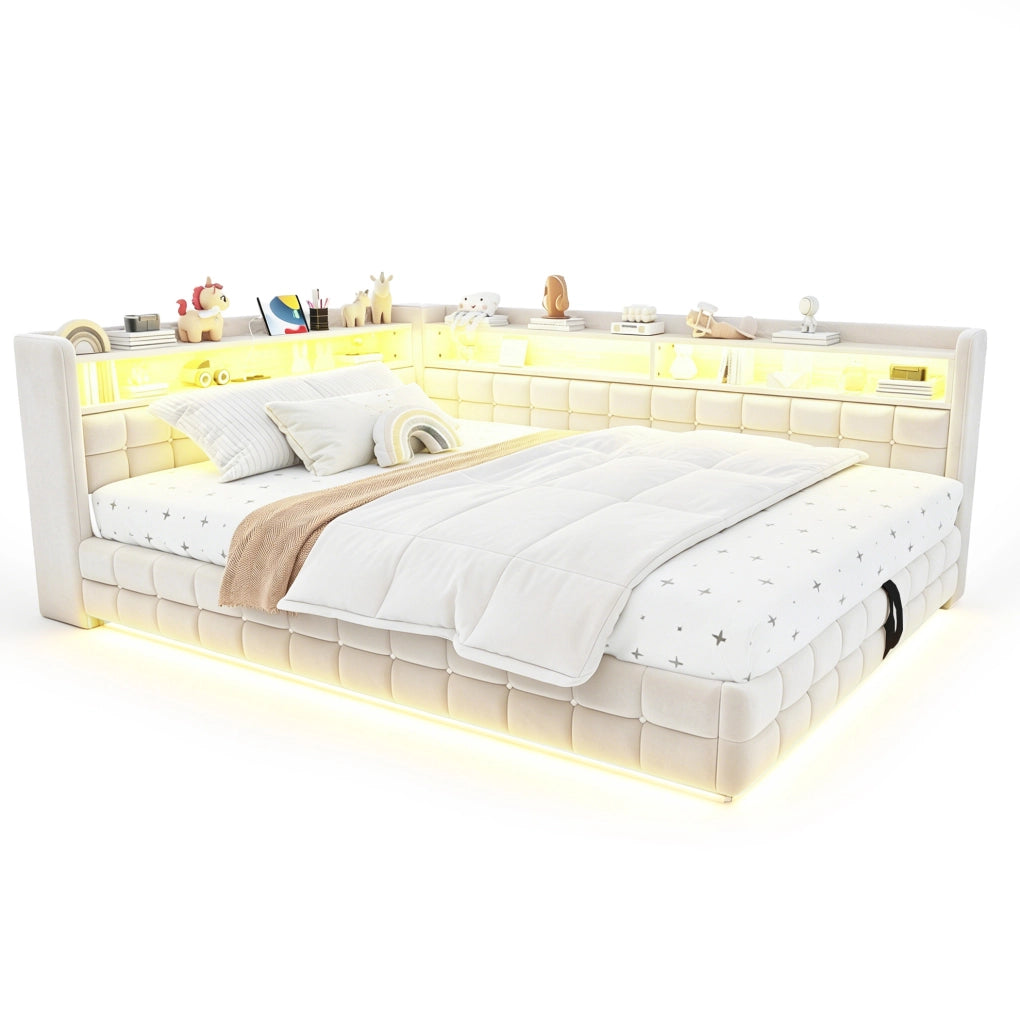 Divano letto 140x200 cm in velluto beige con contenitore e LED, senza materasso –