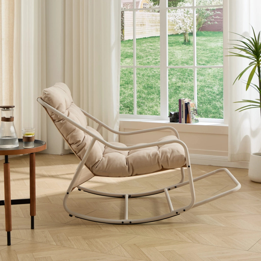 Poltrona a dondolo da esterno 75x116x82 cm in acciaio beige con cuscino imbottito