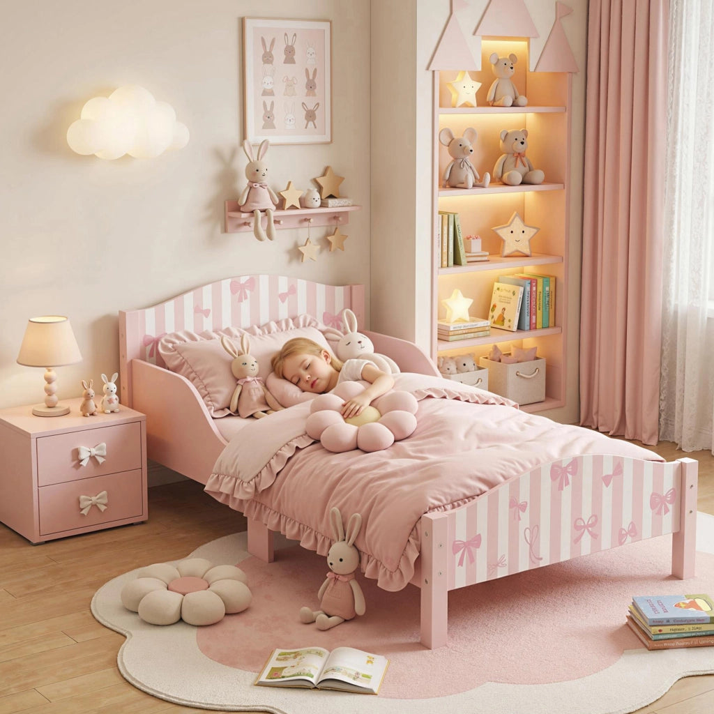 Letto Singolo per Bambini 146x76,5 cm con Sponde a Forma di Fiocco Rosa