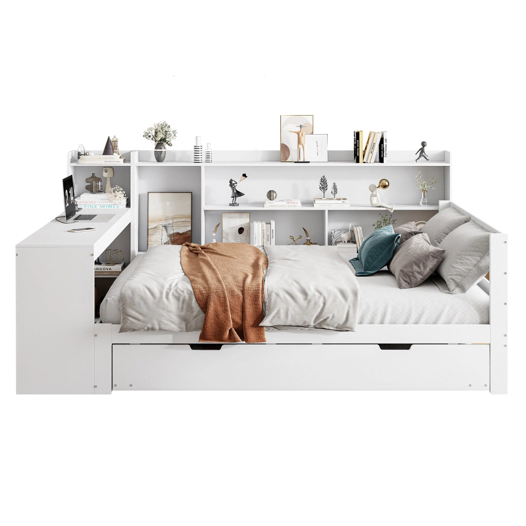Letto con letto estraibile 140 × 200 cm con scrivania; ripiani; vani e prese USB in legno bianco