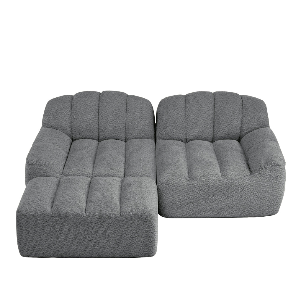 Divano modulare senza struttura a 2 posti a forma di L con pouf, cuscini profondi, grigio