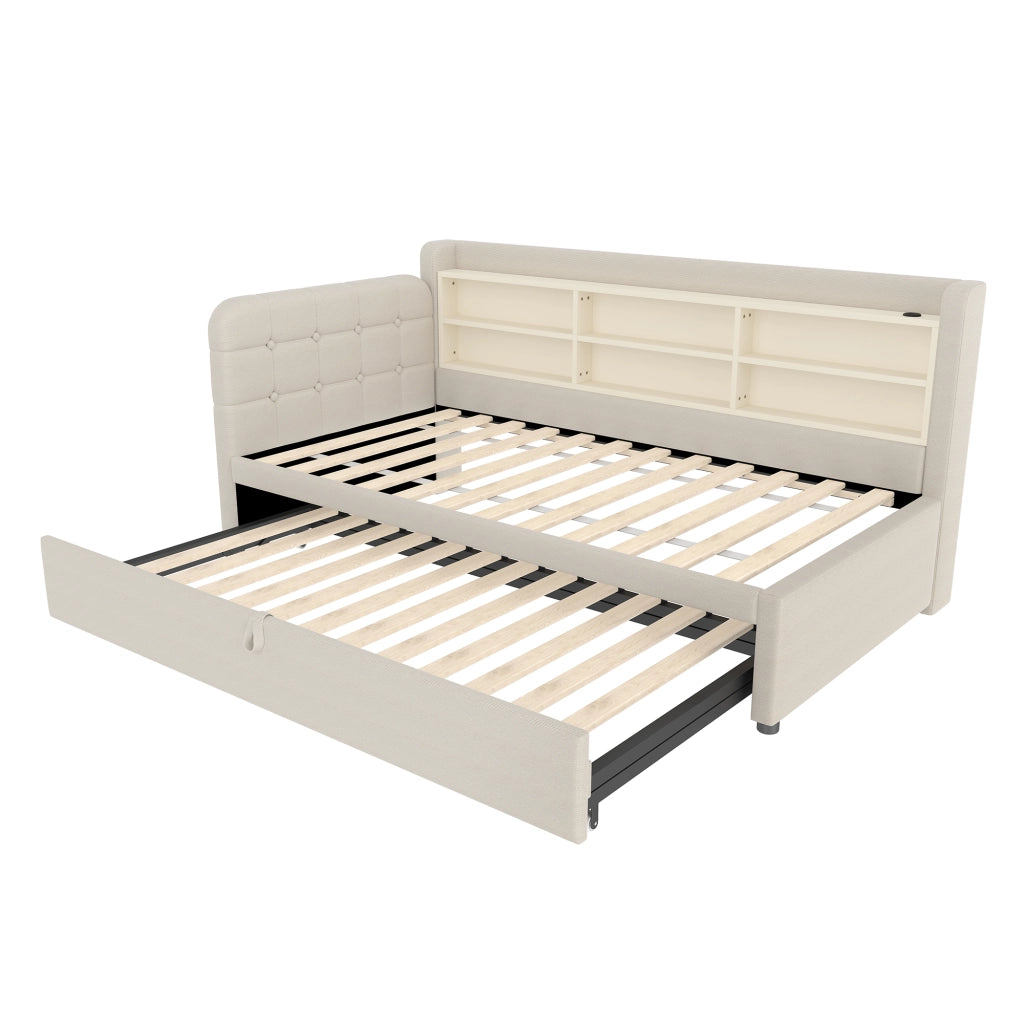 Letto divano 90 × 200 cm estraibile 180 × 200 cm; USB; porta tipo C e mensole; senza materasso; beige
