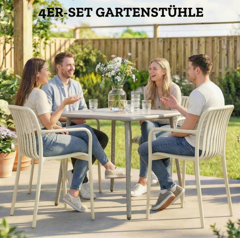 Set di 4 Sedie da Giardino Impilabili in PP Crema con Schienale Ergonomico a Lamelle