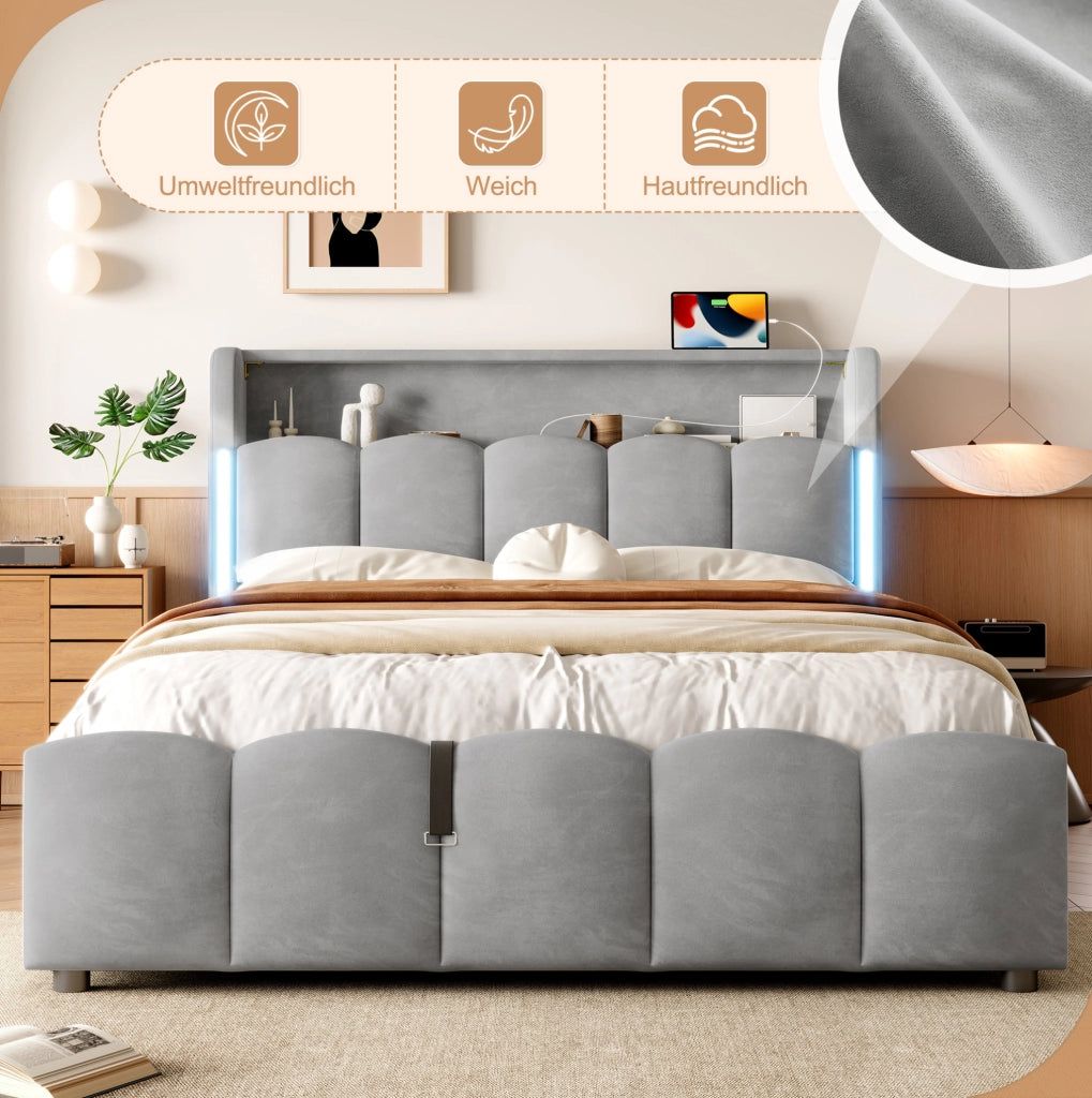 Letto matrimoniale 140x200 cm con contenitore idraulico; LED e USB-C; velluto grigio