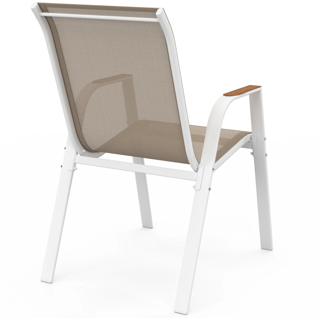 IDMarket - Set di 6 sedie da giardino impilabili NOUMEA in metallo e textilene, bianco e legno