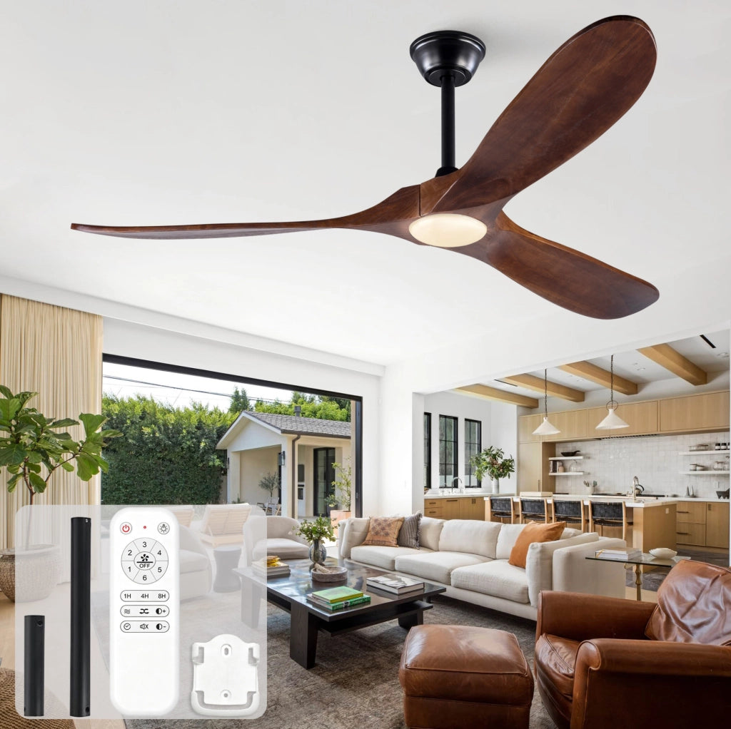 Ventilatore da 60 pollici con illuminazione LED regolabile, 3 pale in legno massello di noce, controllo remoto, 6 velocità e funzionalità reversibile