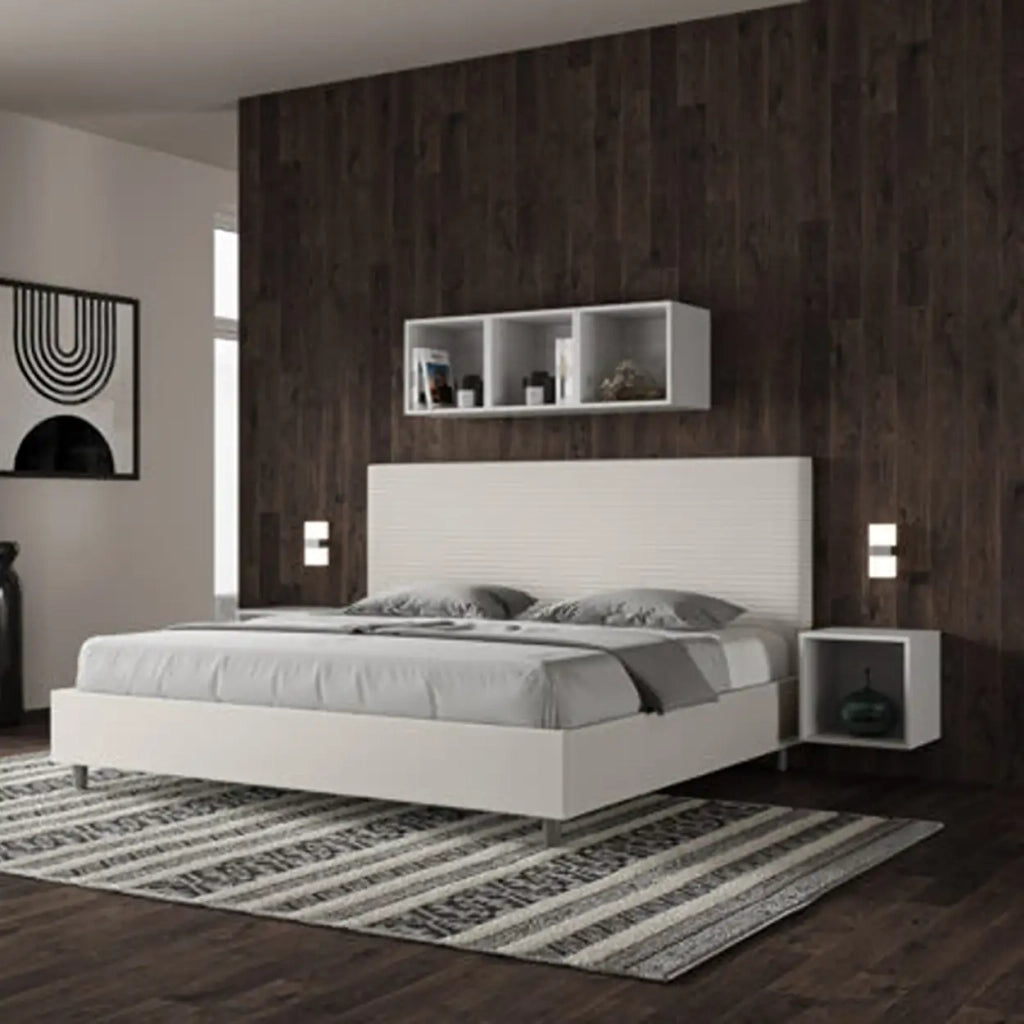 Letto matrimoniale king size contenitore imbottito 200x200 similpelle bianco Focus