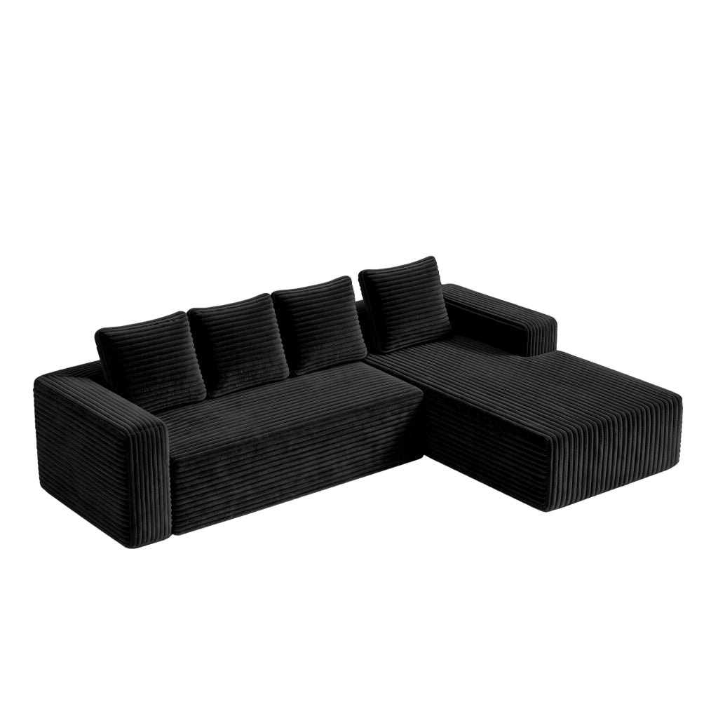 Divano modulare a L con chaise longue reversibile in velluto a coste nero