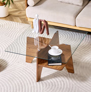 Tavolino Quadrato Moderno in Vetro di Sicurezza con Struttura in MDF Effetto Noce, 80x40 cm