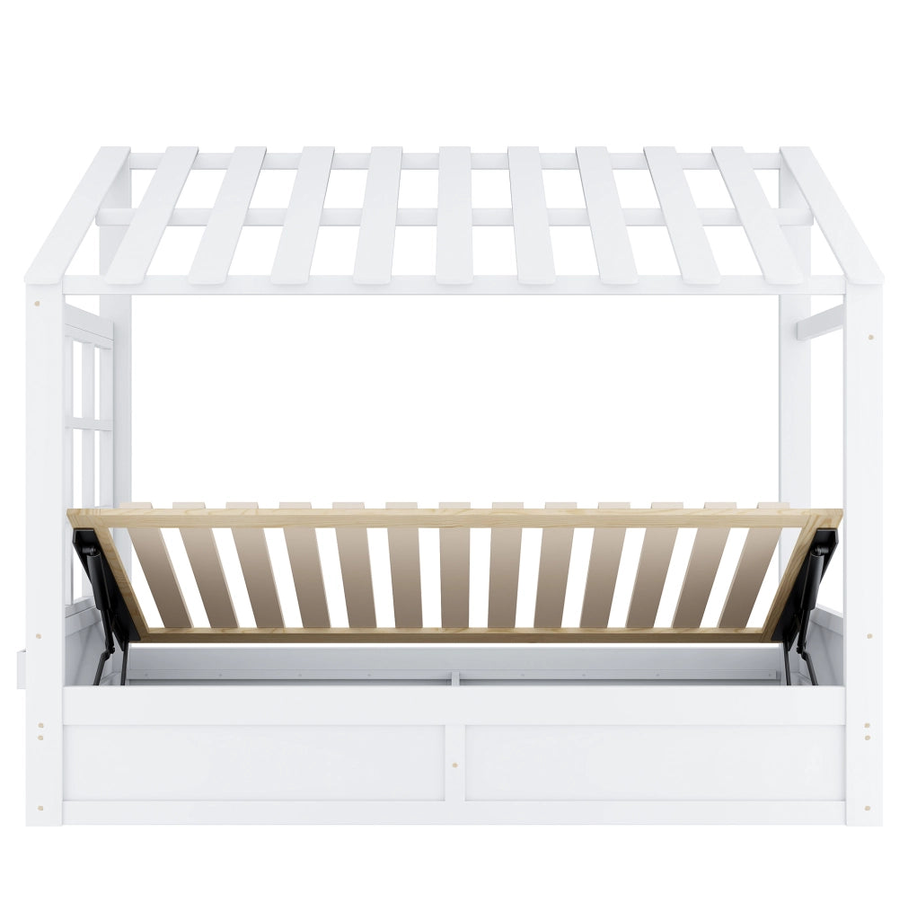 Letto a forma di casa ULEVR 90x200 cm con contenitore idraulico e vani laterali, bianco