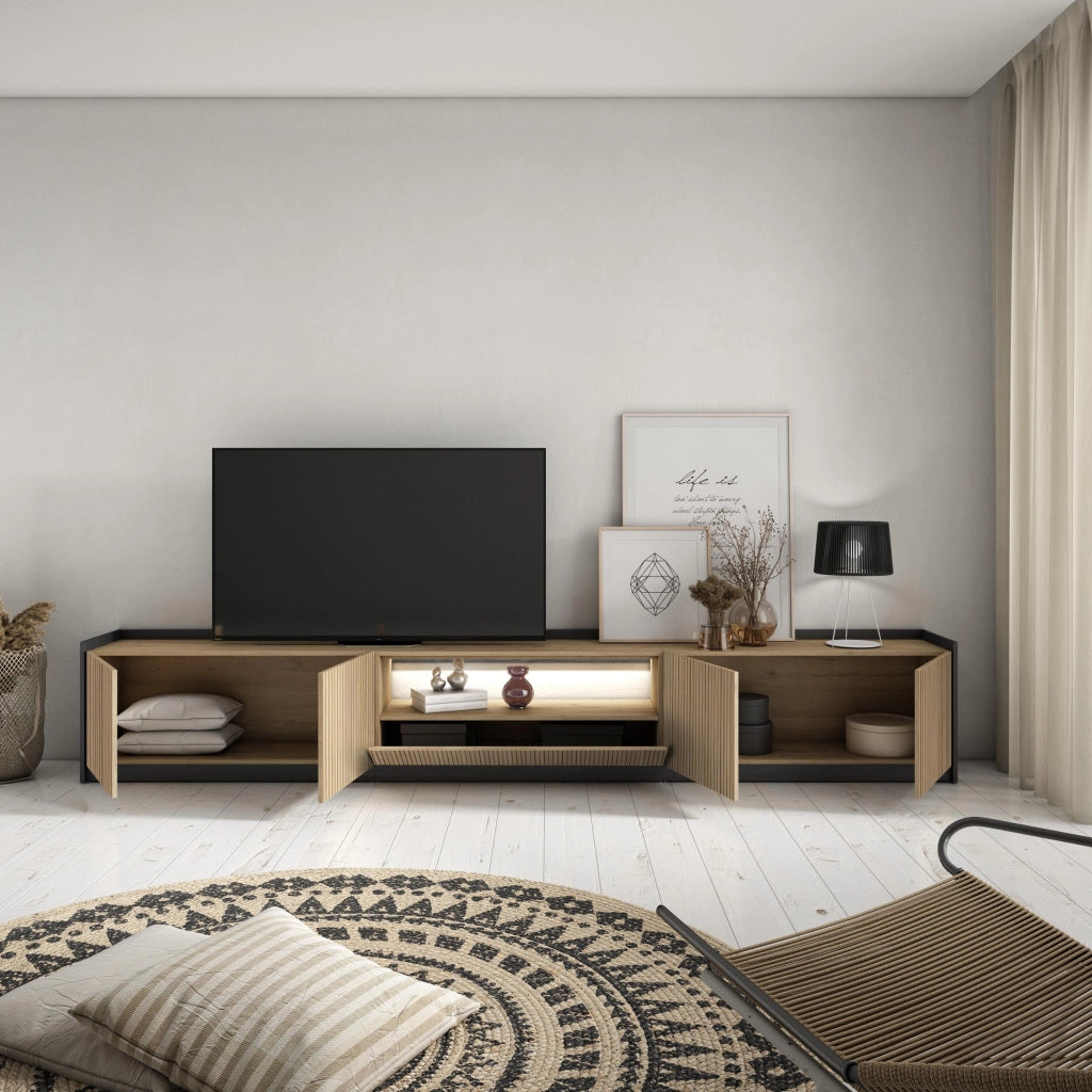 Mobile TV Soggiorno, 310x50x37 cm, Per TV fino a 80", Led, Rovere e nero