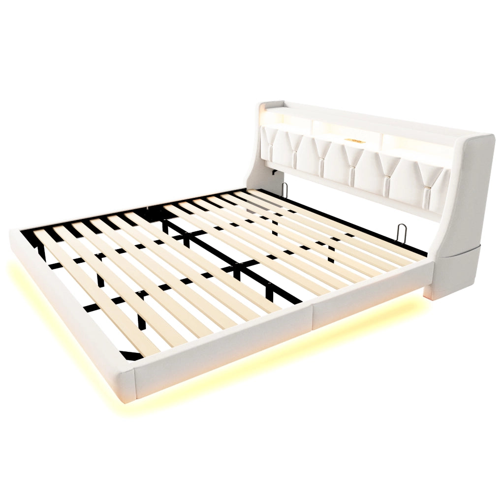 Letto imbottito 180 × 200 cm con testiera reclinabile; LED; presa; USB e Type-C; velluto beige
