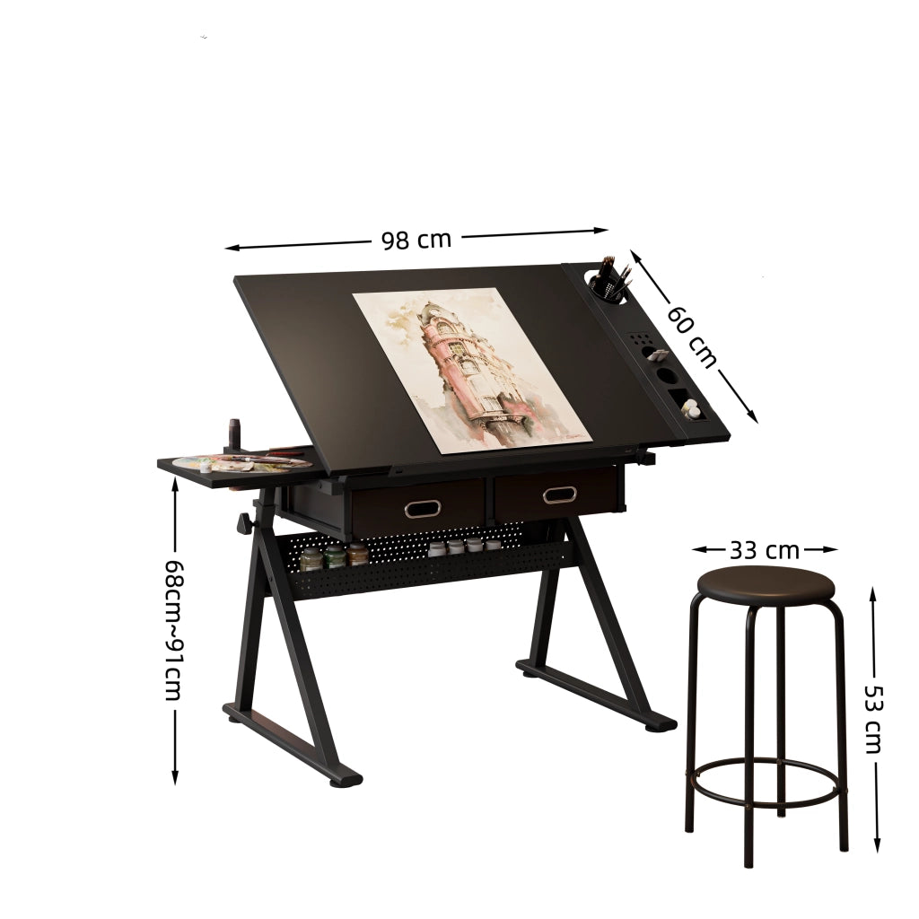 Scrivania regolabile in altezza con piano inclinabile; 2 cassetti in tessuto; sgabello e struttura nera