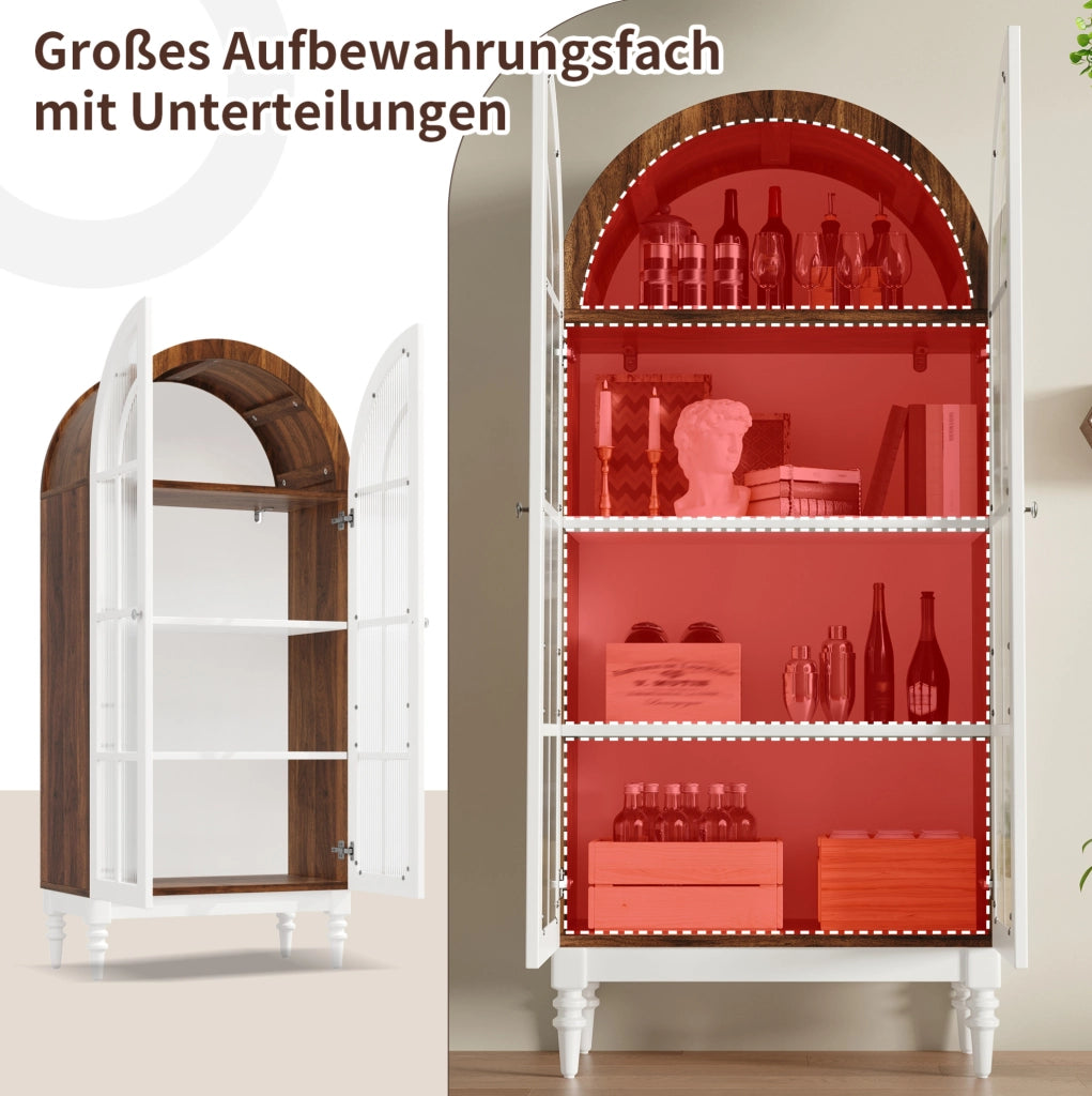 Vetrina ad arco 76x38;5x165 cm con ante in vetro scanalato; 3 ripiani; MDF bianco