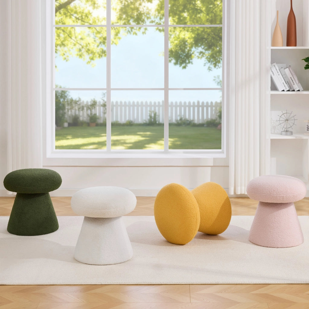 Pouf girevole moderno in tessuto Teddy rosa, forma fungo, 41x41x44 cm, per soggiorno e camera da letto