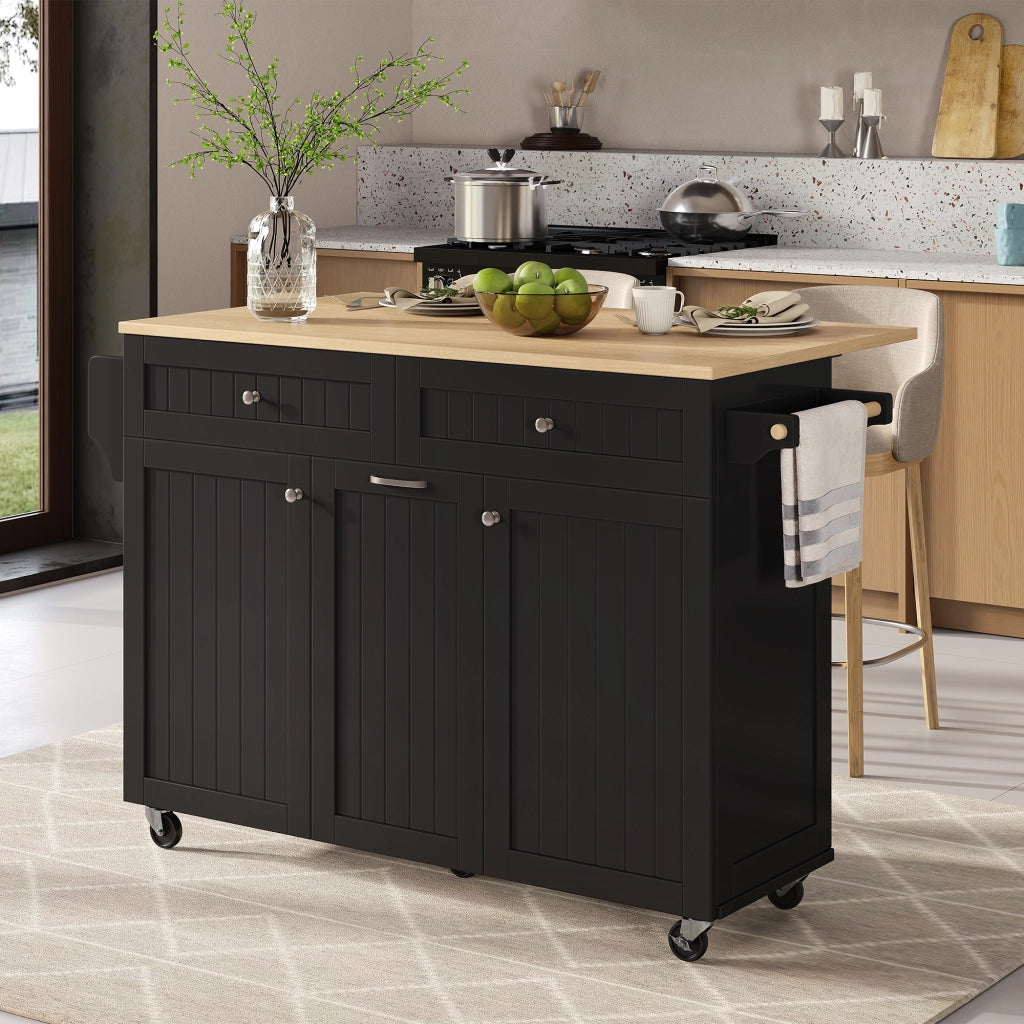 Isola da cucina con piano estraibile e pieghevole; cassetti a due livelli; ruote; nero e naturale 140 × 40-70 × 92 cm