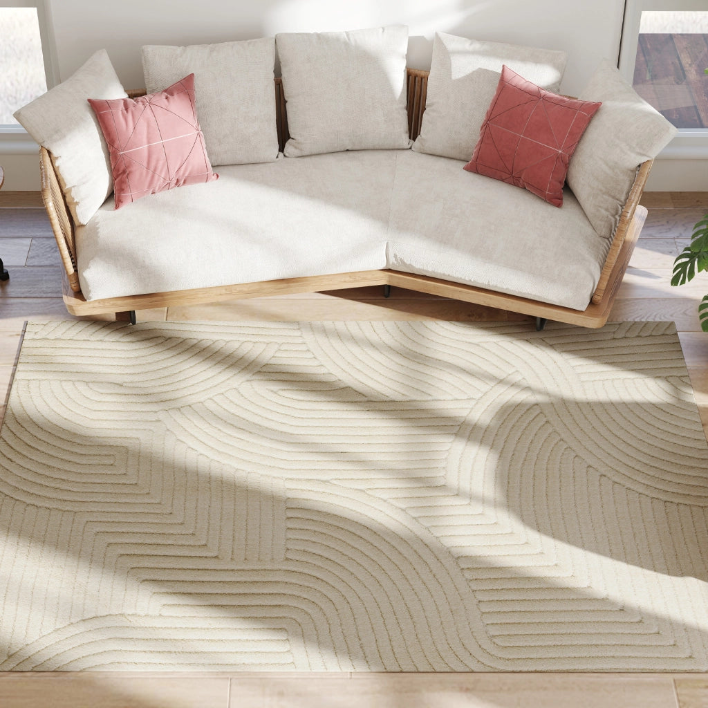 Tappeto Moderno Antiscivolo in Poliestere e Cotone con Design di Linee, per Soggiorno, Camera da Letto, Crema