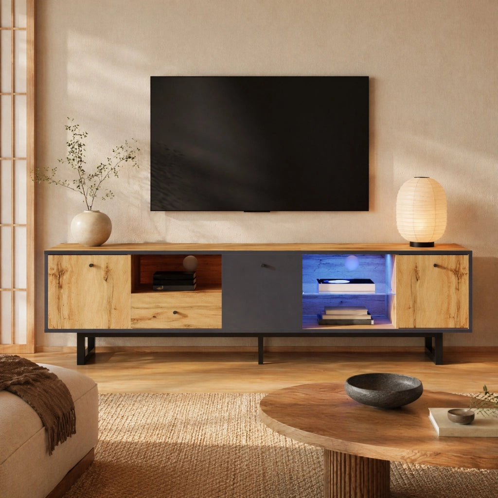 Mobile TV basso moderno con LED, ante con cerniere ammortizzate, 3 ante, 3 scomparti e 1 cassetto