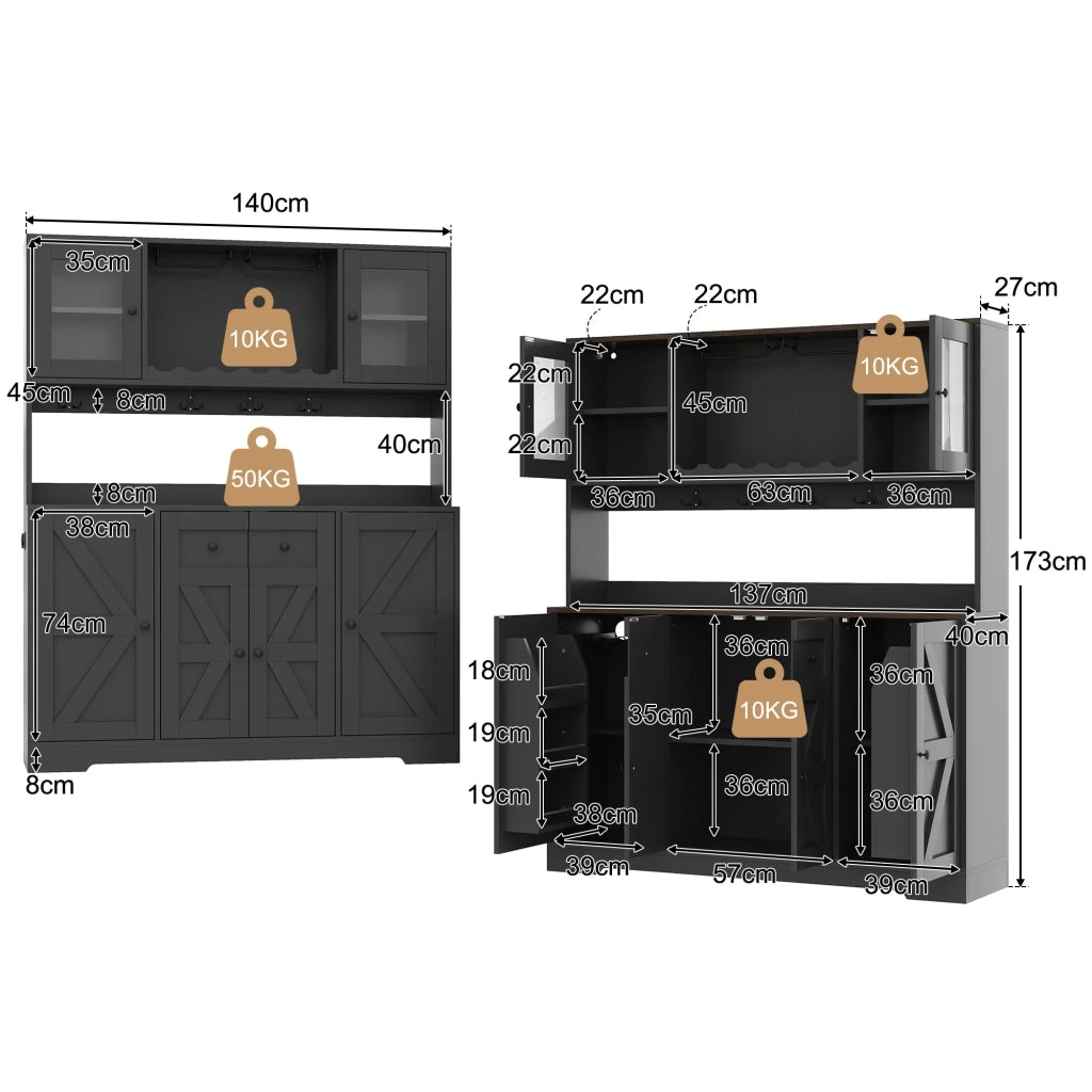 Armadio da cucina alto 140x40x173 cm con ante in vetro acrilico, illuminazione LED e prese elettriche. Dispensa con portabottiglie e calici per soggiorno e sala da pranzo