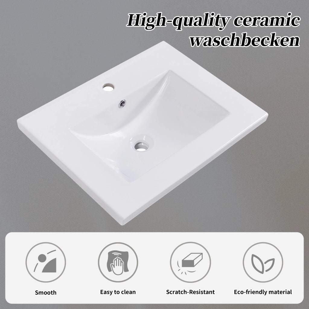 Mobile sottolavabo da bagno con lavabo in ceramica e vano aperto, a pavimento, in legno massello e MDF, grigio e bianco