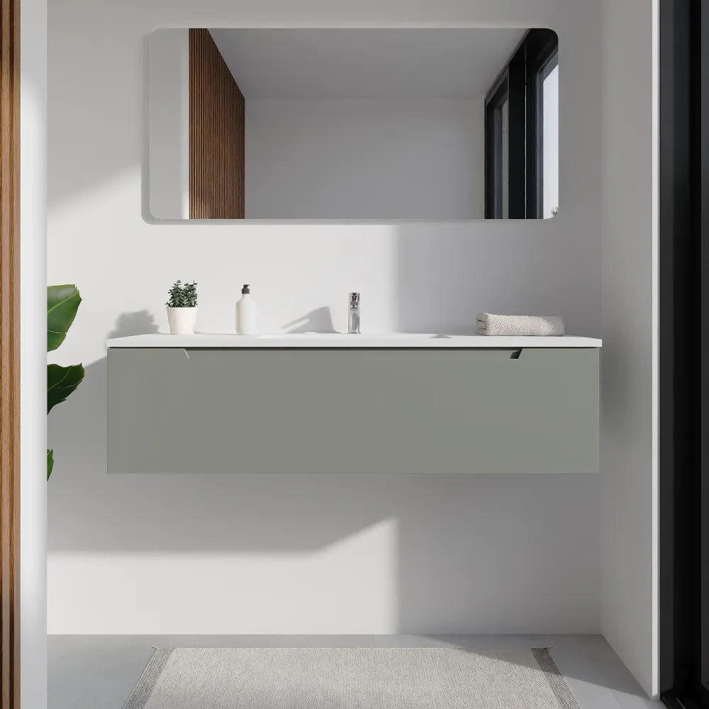 Mobile bagno sospeso 120cm smoke green opaco un cassettone con lavabo bianco opaco| Bako