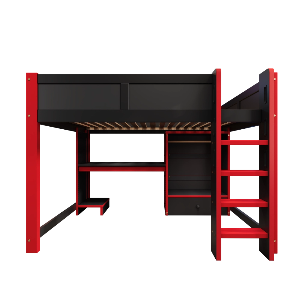Letto a soppalco 140x200 cm con scrivania integrata; armadio e scaffali; gaming nero e rosso