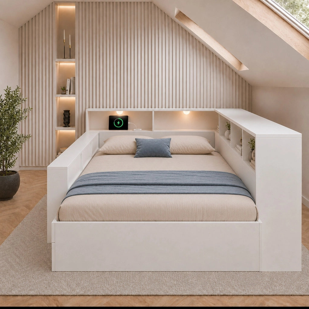 Letto matrimoniale 140x190 cm con contenitore; luci e porte USB/Type-C bianco HOMVRA
