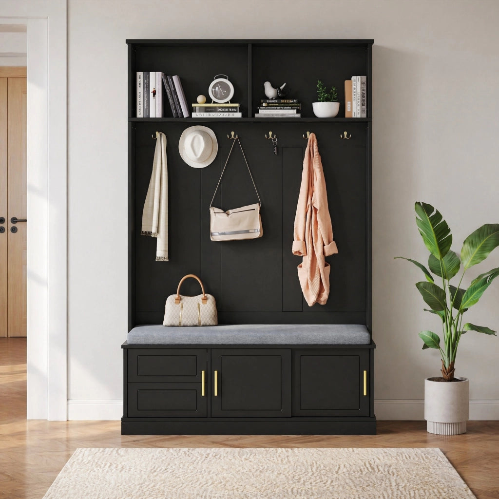 Appendiabiti con panca e scarpiera 120x40x191 cm; 6 ganci; truciolare nero