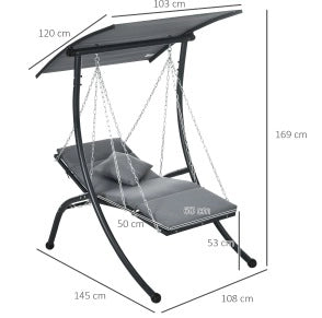 Dondolo da giardino YEAVIO con cuscini e tettuccio regolabile, antracite, 108x145x169 cm