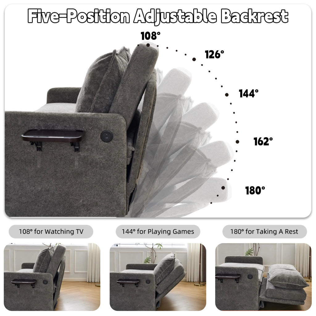 1 Divano letto grigio in chenille 3 in 1 con cuscini, schienale regolabile 5 livelli, USB, contenitore, pieghevole, per casa