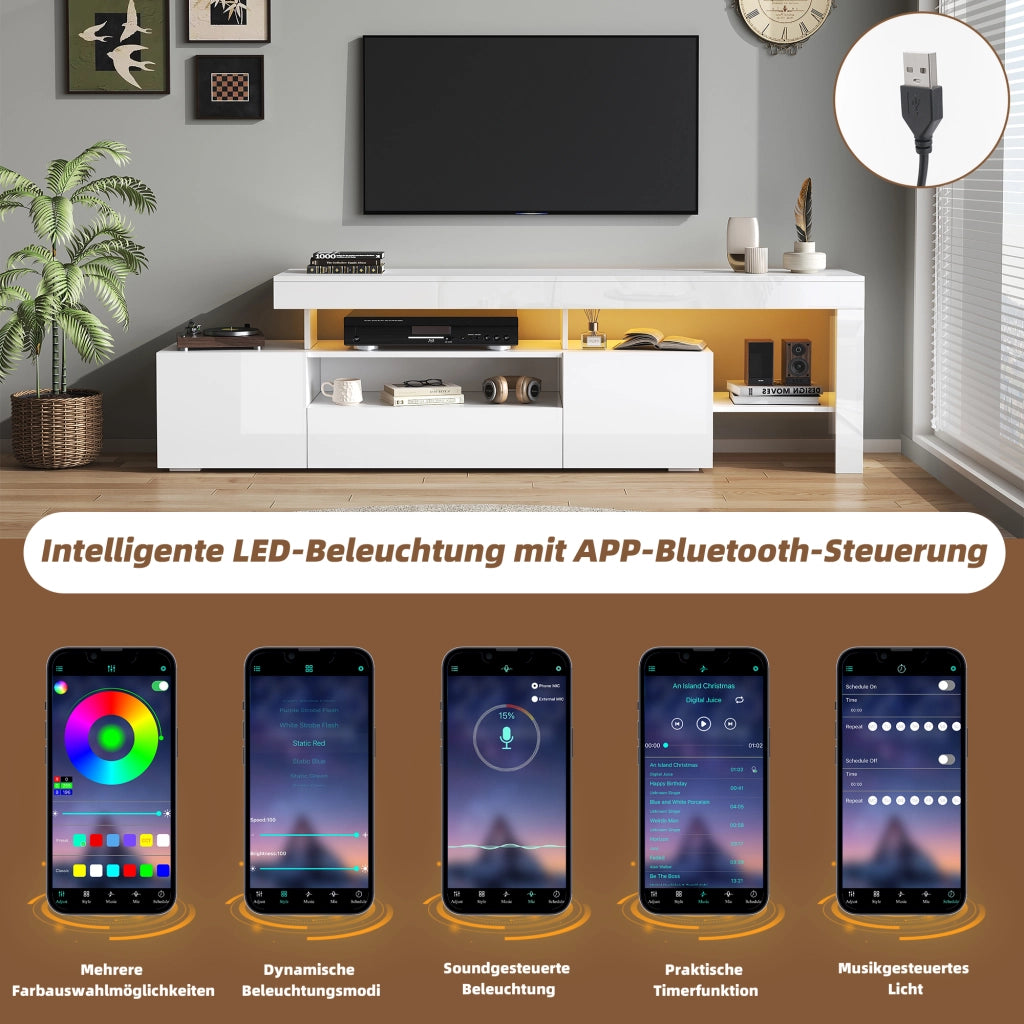 Mobile TV; 192x37x53 cm; con LED; finitura lucida; bianco