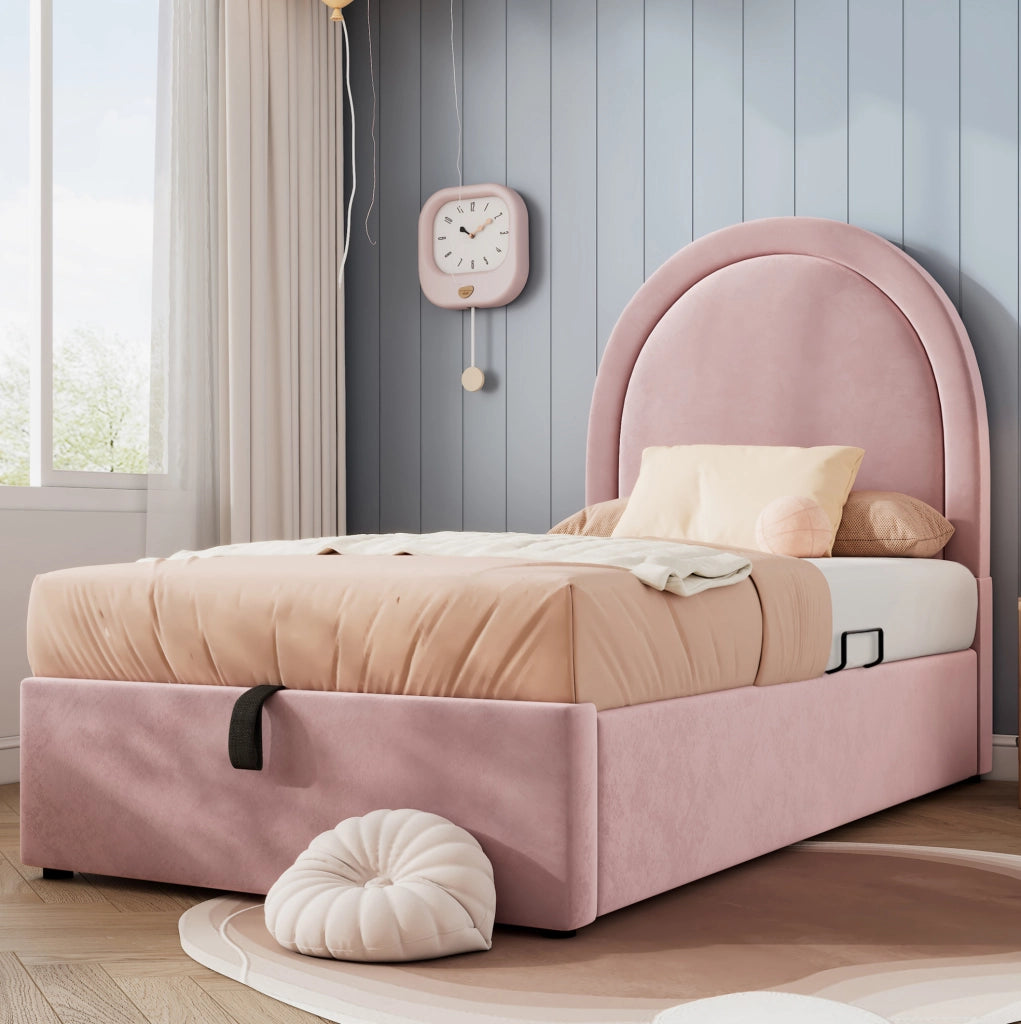 Letto imbottito rosa con contenitore 90 x 190 cm in velluto