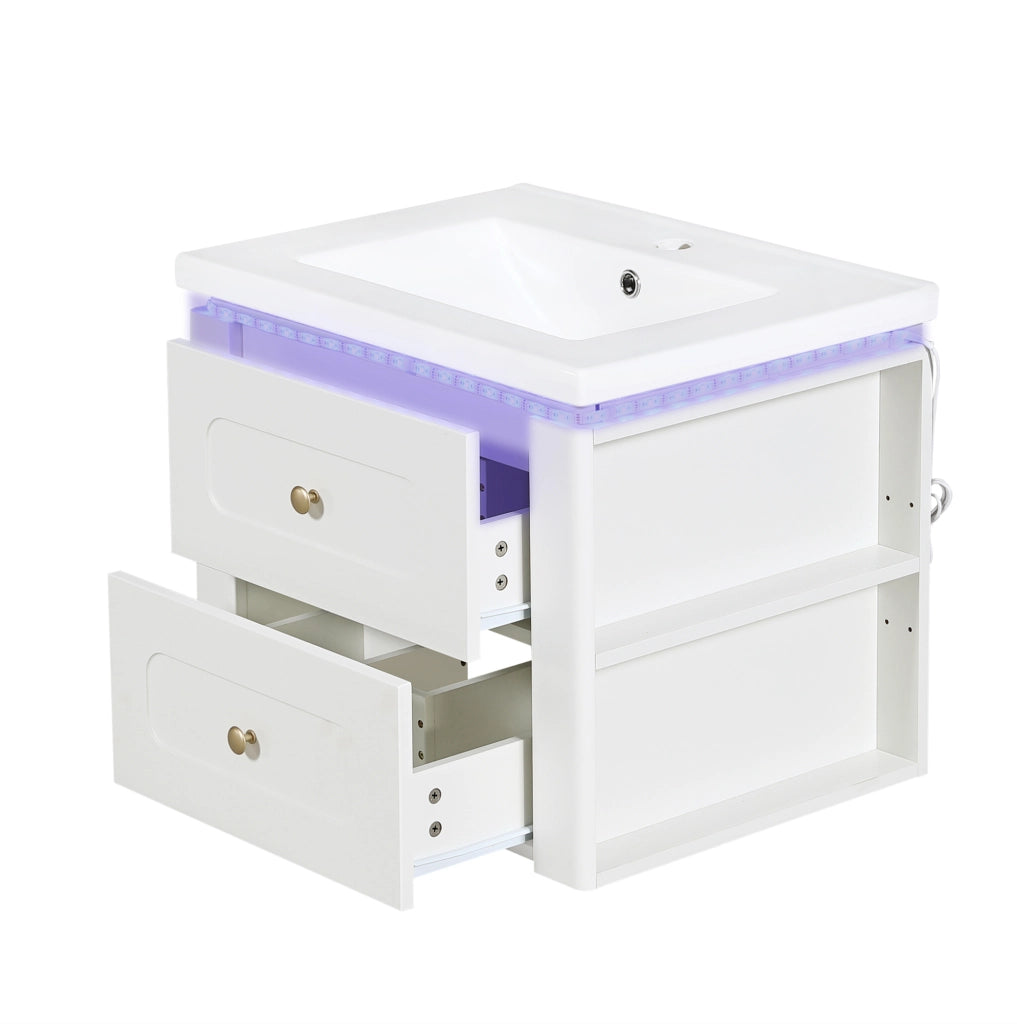 Mobile bagno sospeso 61 cm con lavabo in ceramica, LED e cassetti bianco