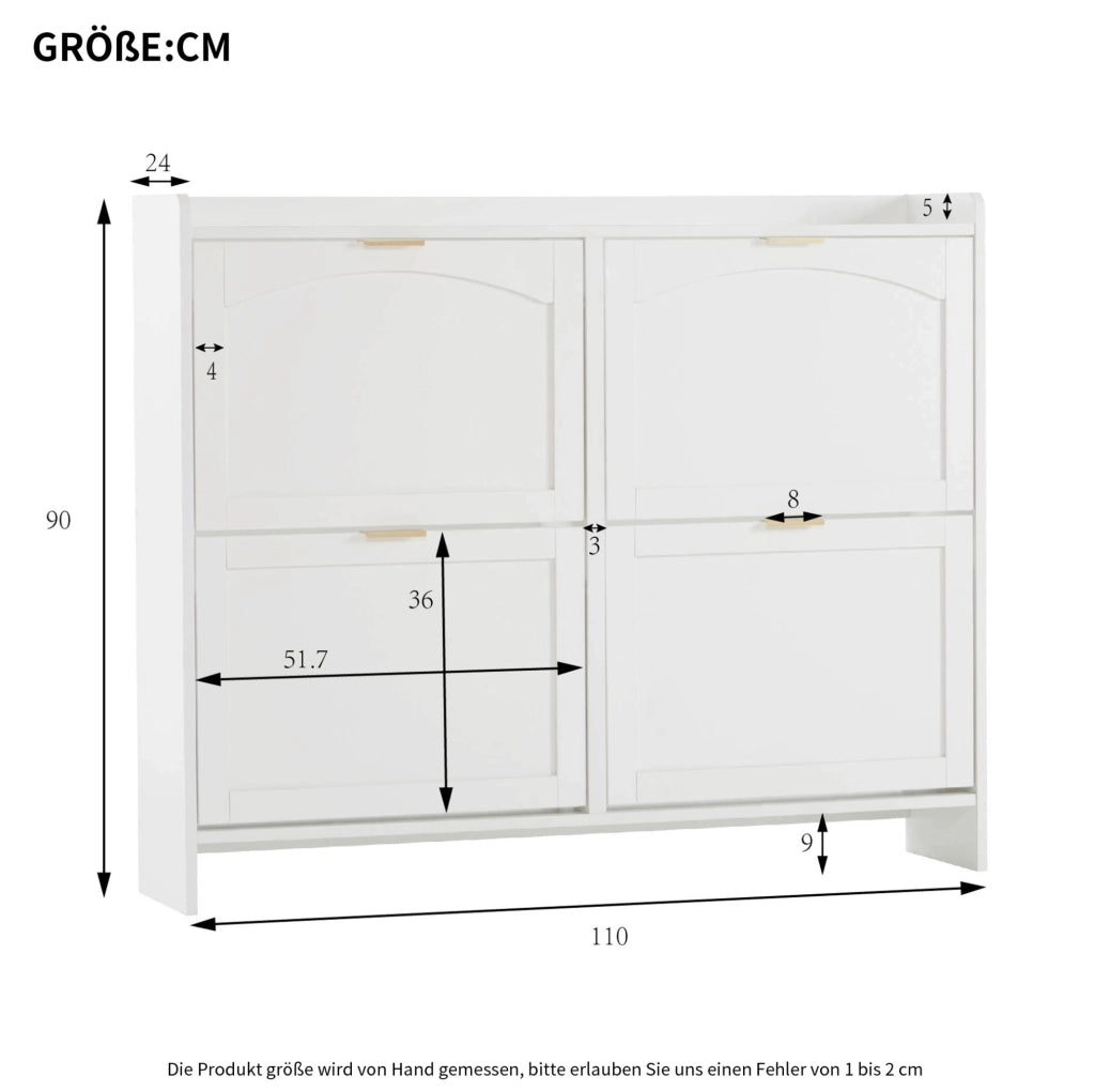 Armadio porta scarpe moderno bianco con 4 ribalte, struttura in truciolato, 110x90x24 cm