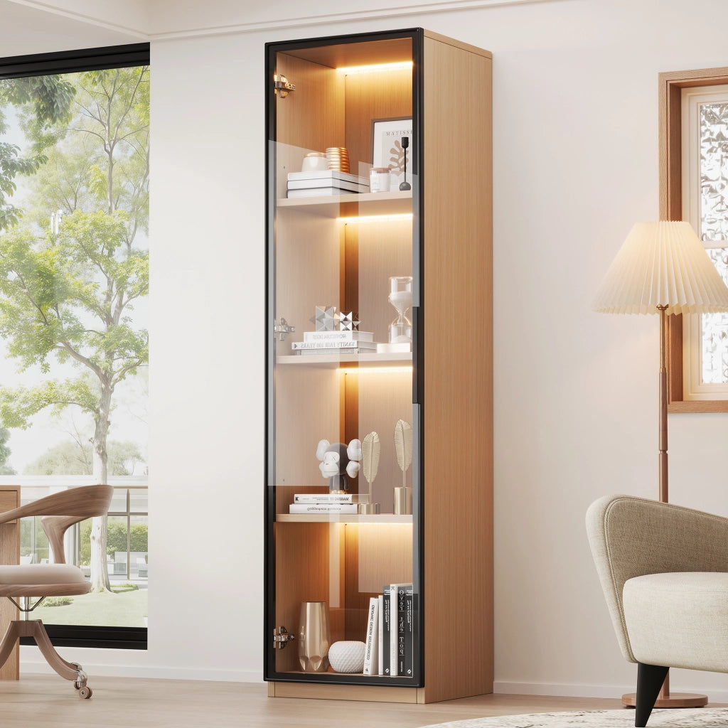 Vetrina stretta con anta in vetro temperato, LED multicolore e cerniere ammortizzate, in MDF rovere, 40 × 40 × 165 cm