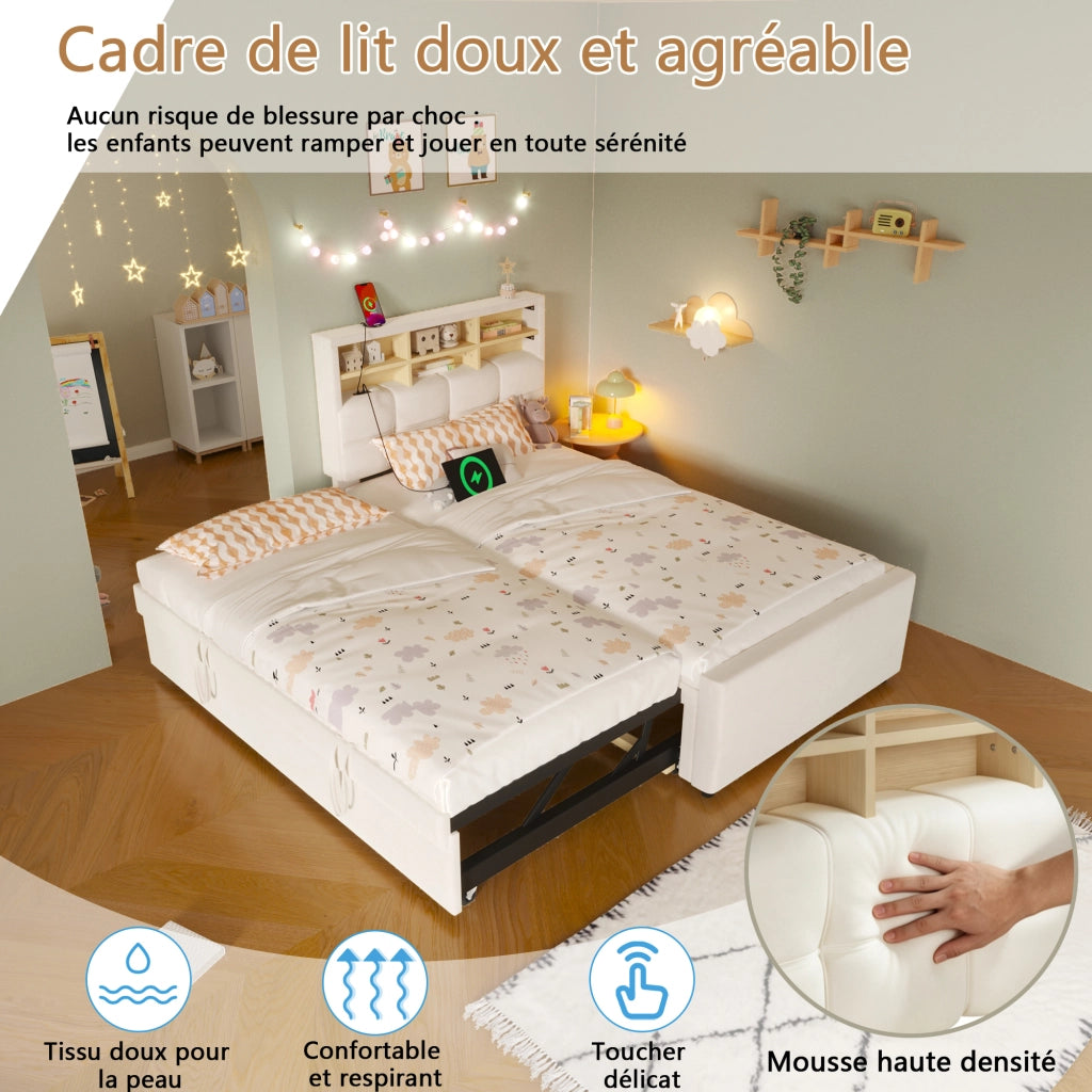Daybed Imbottito 90x200 + 180x200 cm con Letto Estraibile; USB; USB-C; Beige