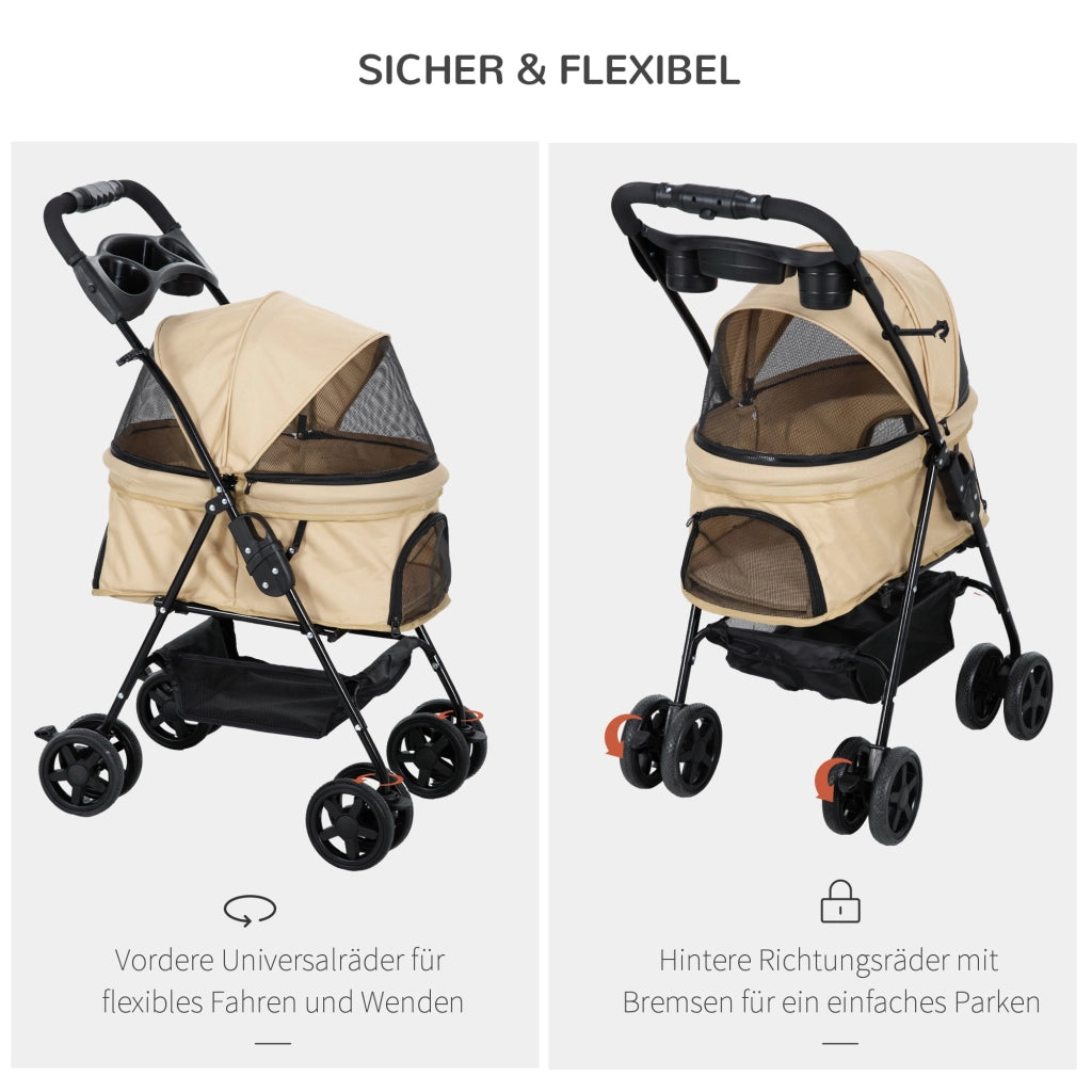 Passeggino per animali pieghevole in tessuto oxford khaki con ruote anteriori girevoli e freni 67 × 45 × 96 cm