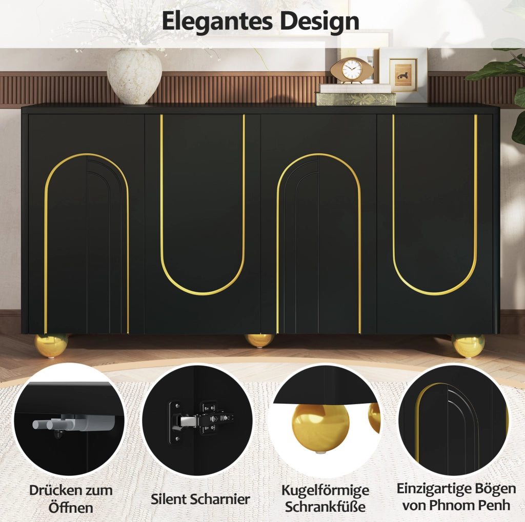 Sideboard 4 ante nero con decoro dorato, 140x40x74 cm