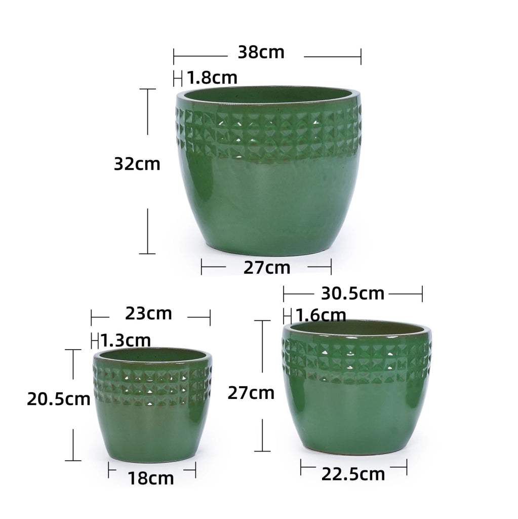 Set di 3 Vasi in Ceramica Artigianali con Foro di Drenaggio Ø 38,1/30,5/22,9 cm, Motivo Verde per Piante da Interno ed Esterno
