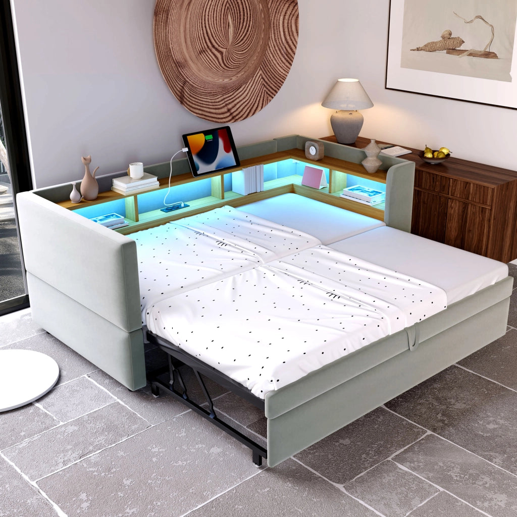 Divano letto 90/180 × 190 cm estraibile con LED prese e vani portaoggetti in flanella grigio chiaro