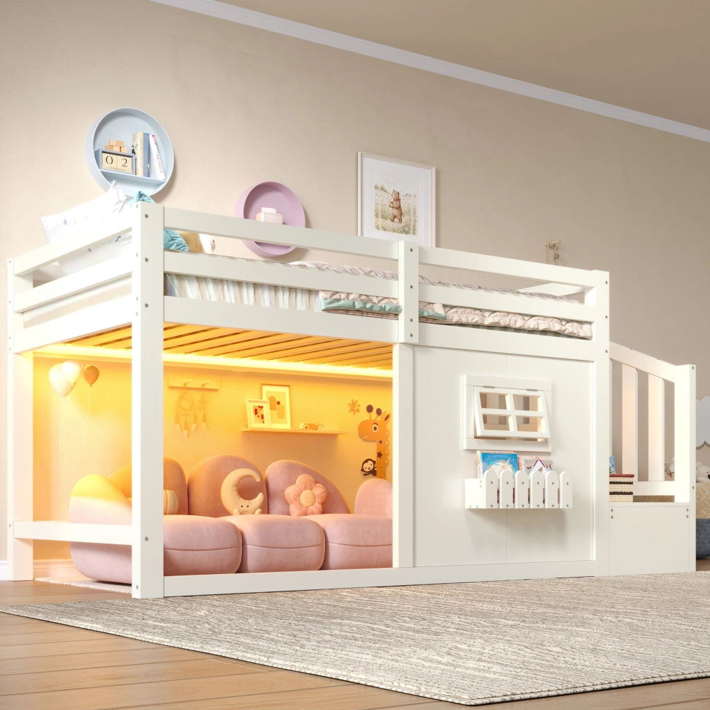 Letto a soppalco 90x200 cm in pino e MDF; con finestra; scala contenitore e LED; bianco