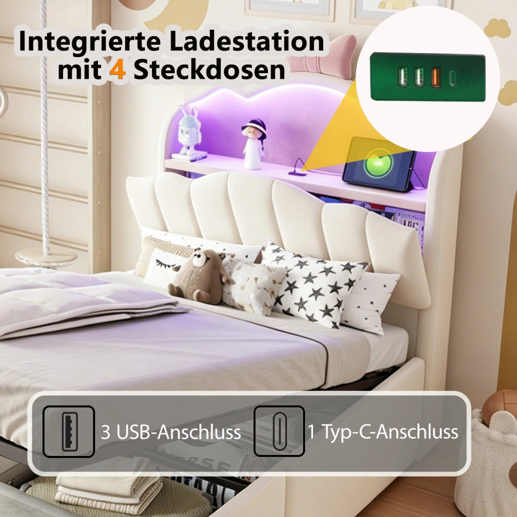 Letto contenitore 90 × 200 cm imbottito con testiera a fiocco LED porte USB e USB-C rivestito in velluto beige
