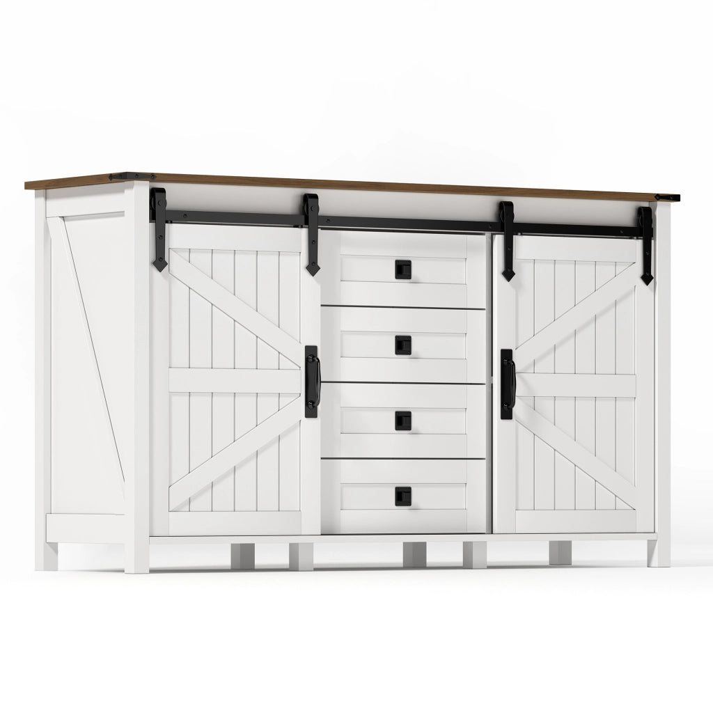 Credenza con 2 ante scorrevoli e 4 cassetti; mobile contenitore in MDF per cucina; sala da pranzo e soggiorno; bianco; 137 × 40 × 81.5 cm