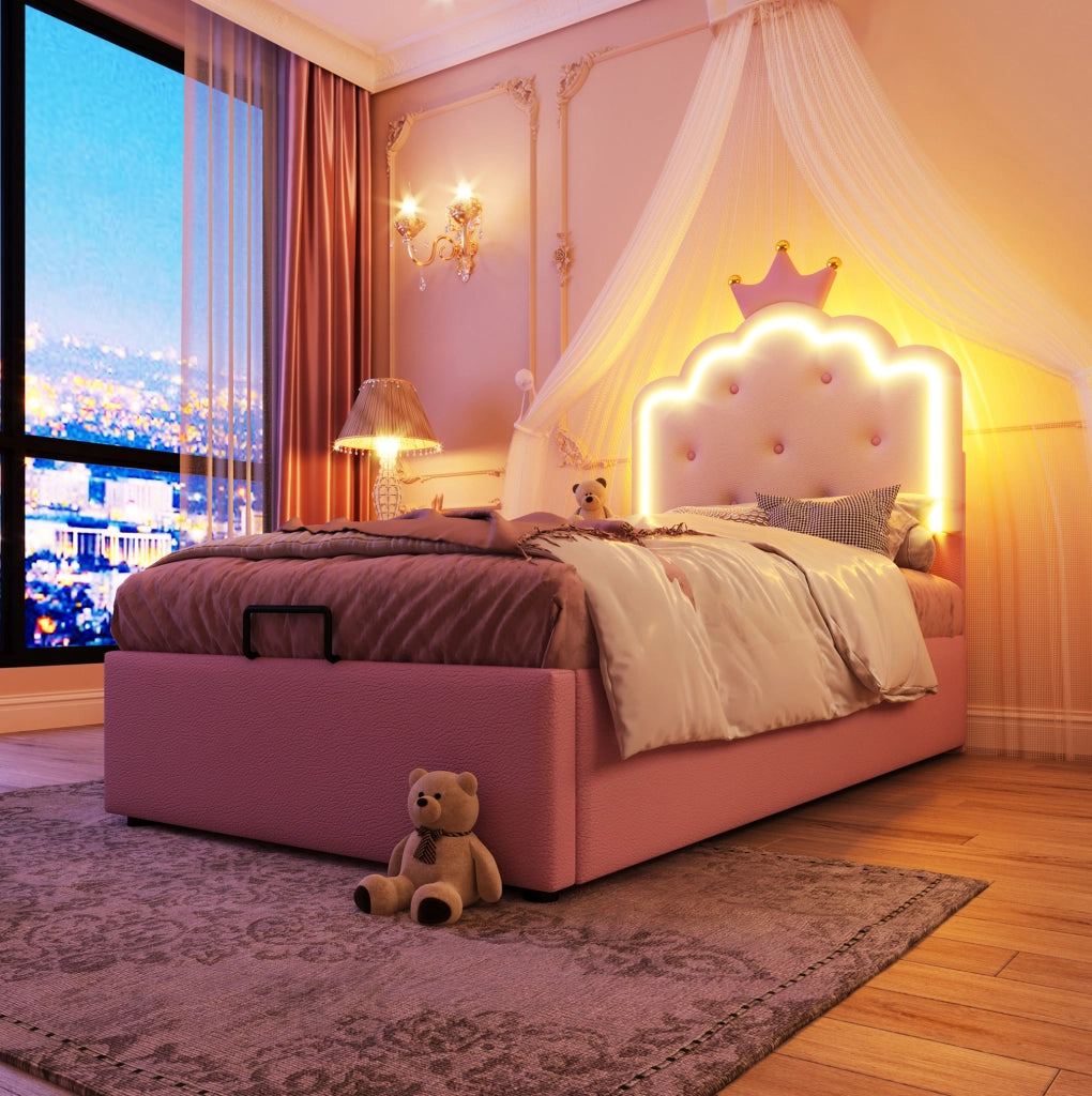 LETTO Contenitore 90x200 cm PU Rosa con luce LED