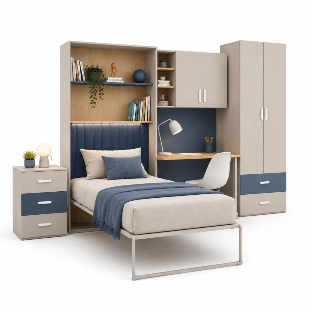 Cameretta Con Letto A Scomparsa Scrivania Armadio Cassettiera Salvaspazio In Melaminico Camera Completa Per Bambini Ragazzi Stanza Ospiti 133 X 208.5 X 45-216 Cm Cashmere E Blu