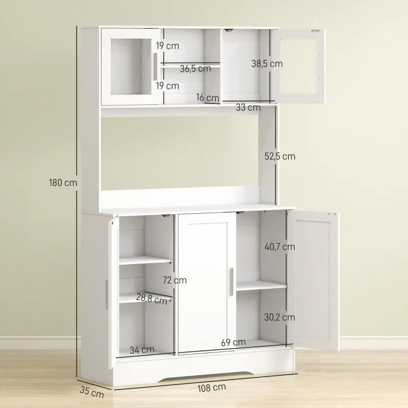Mobile da cucina design scandinavo, 4 ante con vetri, ripiani regolabili e vano aperto, in truciolato e MDF, bianco