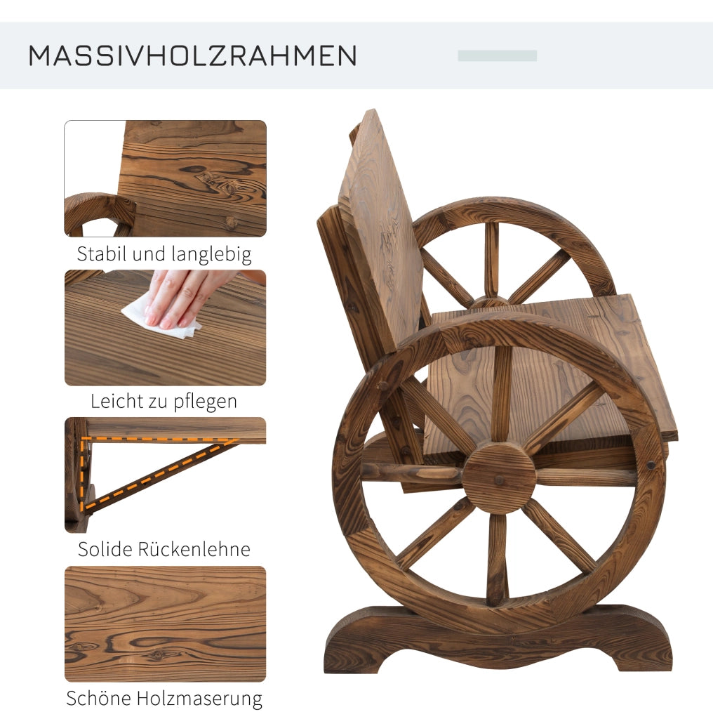 Panchina da giardino in legno massello; braccioli a ruota di carro; 114 x 58 x 80 cm; marrone scuro