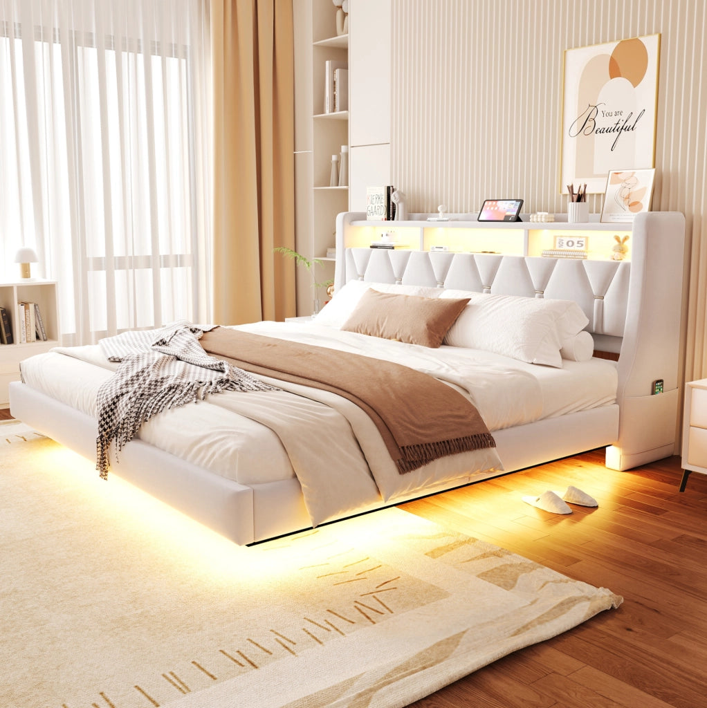 Letto matrimoniale imbottito 180x200 cm in velluto beige con testiera multifunzione e LED