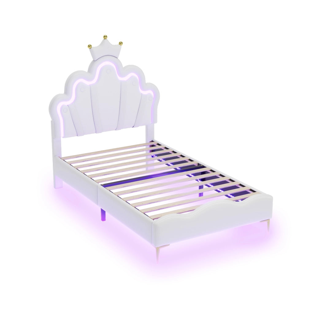 Crown Shape Princess Single Bed 90x200cm con strisce LED in PU bianca